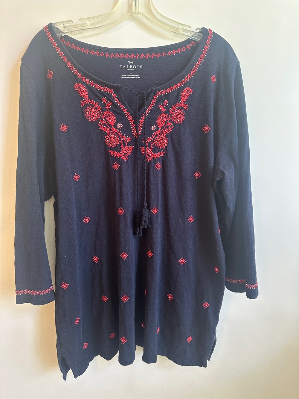 Talbots Navy Tunic with Red Embroidered Floral Yoke